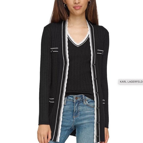 Karl Lagerfeld Paris Scalloped Trim Cardigan - Picture 3 of 11